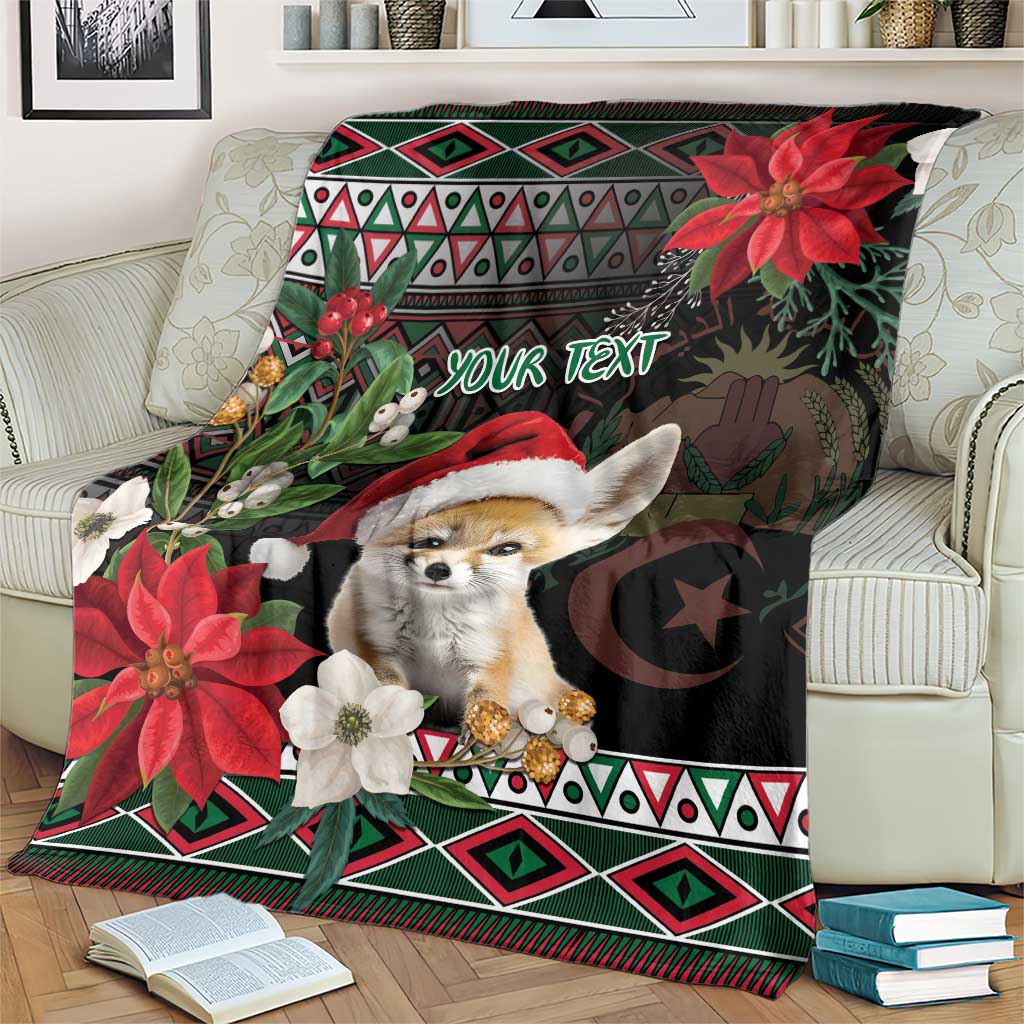 Personalized dark Christmas blanket with fennec fox wearing Santa hat and custom text