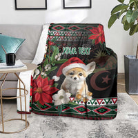 Personalized Christmas blanket with fennec fox Santa hat, poinsettias, patterned border