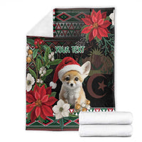 Personalized Christmas blanket folded with fennec fox Santa hat, red flowers, custom text