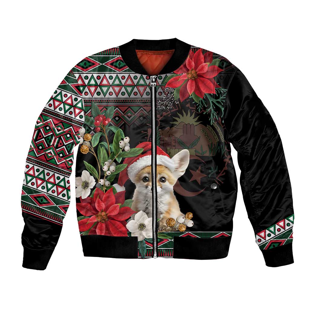 Unisex black satin bomber jacket with front zipper, fennec fox and poinsettia pattern