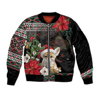 Unisex black satin bomber jacket with front zipper, fennec fox and poinsettia pattern