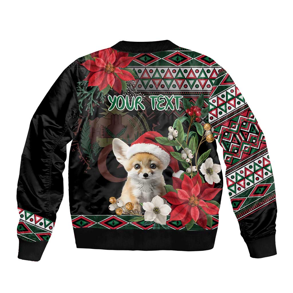 Unisex black bomber jacket with back graphic, fennec fox, poinsettias, geometric trim