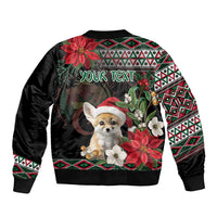 Unisex black bomber jacket with back graphic, fennec fox, poinsettias, geometric trim