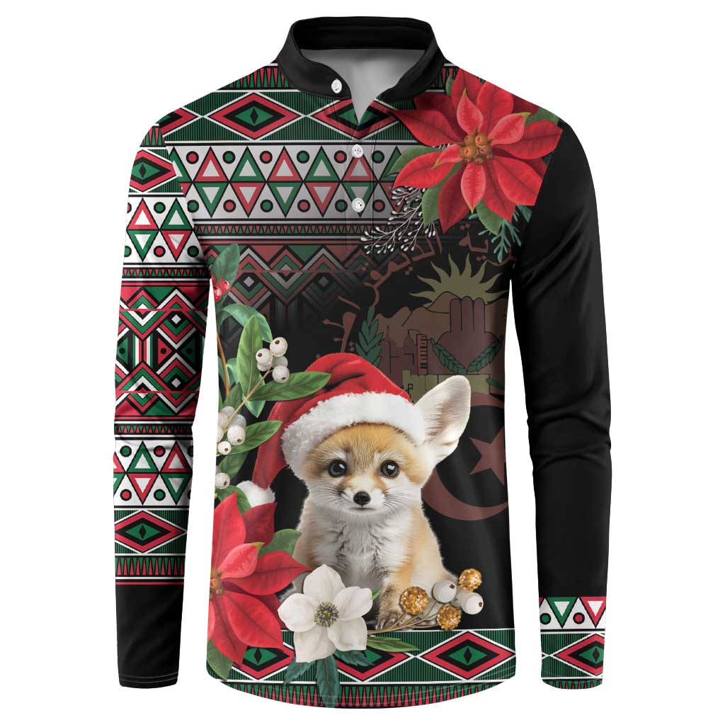 Black button sweatshirt with colorful geometric trim, poinsettias, and a fox in a Santa hat