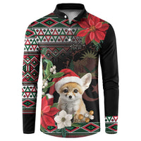 Black button sweatshirt with colorful geometric trim, poinsettias, and a fox in a Santa hat