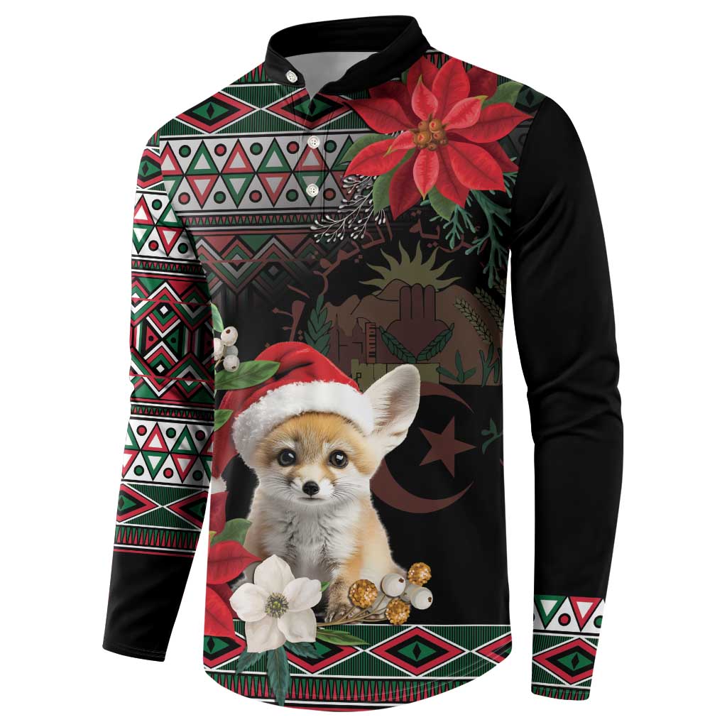 Black button sweatshirt with festive geometric print, poinsettias, and fox in a Santa hat