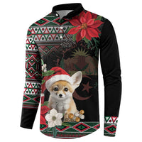 Black button sweatshirt with festive geometric print, poinsettias, and fox in a Santa hat