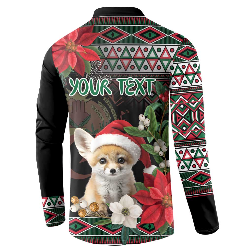 Black button sweatshirt back with poinsettias, geometric pattern, and fox graphic; custom text area