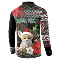 Black button sweatshirt back with poinsettias, geometric pattern, and fox graphic; custom text area