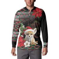 Black button sweatshirt on model with festive geometric print, poinsettias, and fox in Santa hat