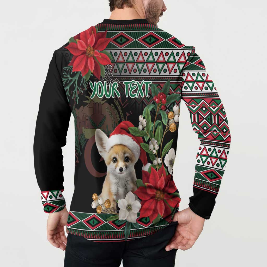 Black button sweatshirt back on model with fox graphic, poinsettias, and geometric trim