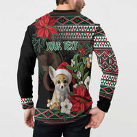 Black button sweatshirt back on model with fox graphic, poinsettias, and geometric trim