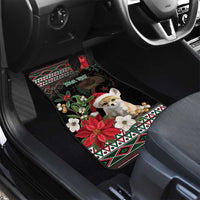 Black car floor mat with fennec fox Santa, poinsettias, and 'Your Text' label