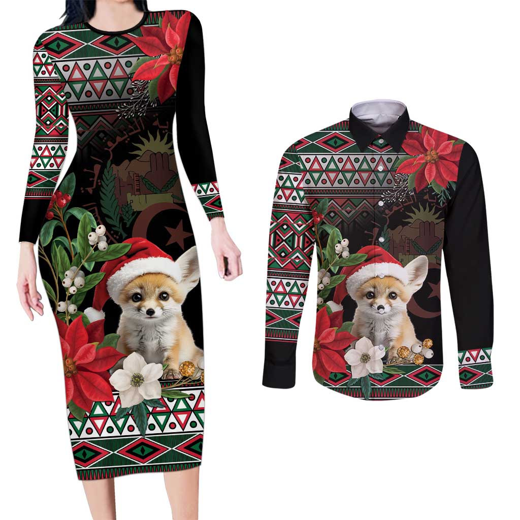 Algeria Christmas Personalized Couples Matching Long Sleeve Bodycon Dress and Long Sleeve Button Shirt Fennec Fox Santa and Traditional Pattern LT9 - Wonder Print Shop