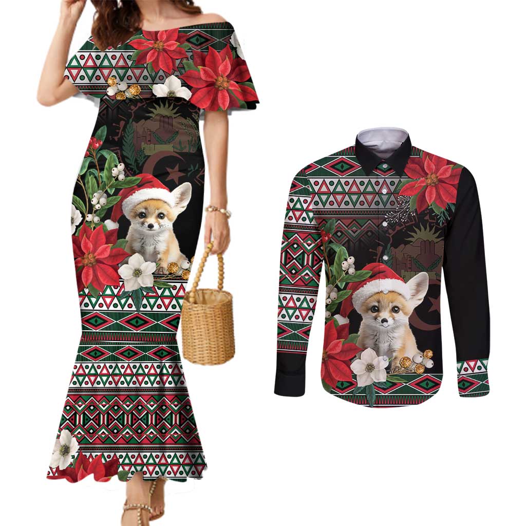 Algeria Christmas Personalized Couples Matching Mermaid Dress and Long Sleeve Button Shirt Fennec Fox Santa and Traditional Pattern