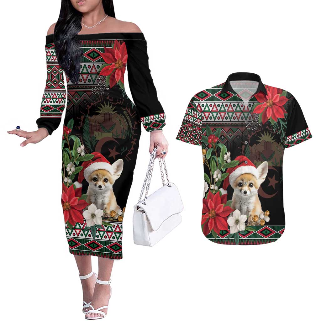 Algeria Christmas Personalized Couples Matching Off The Shoulder Long Sleeve Dress and Hawaiian Shirt Fennec Fox Santa and Traditional Pattern LT9 - Wonder Print Shop