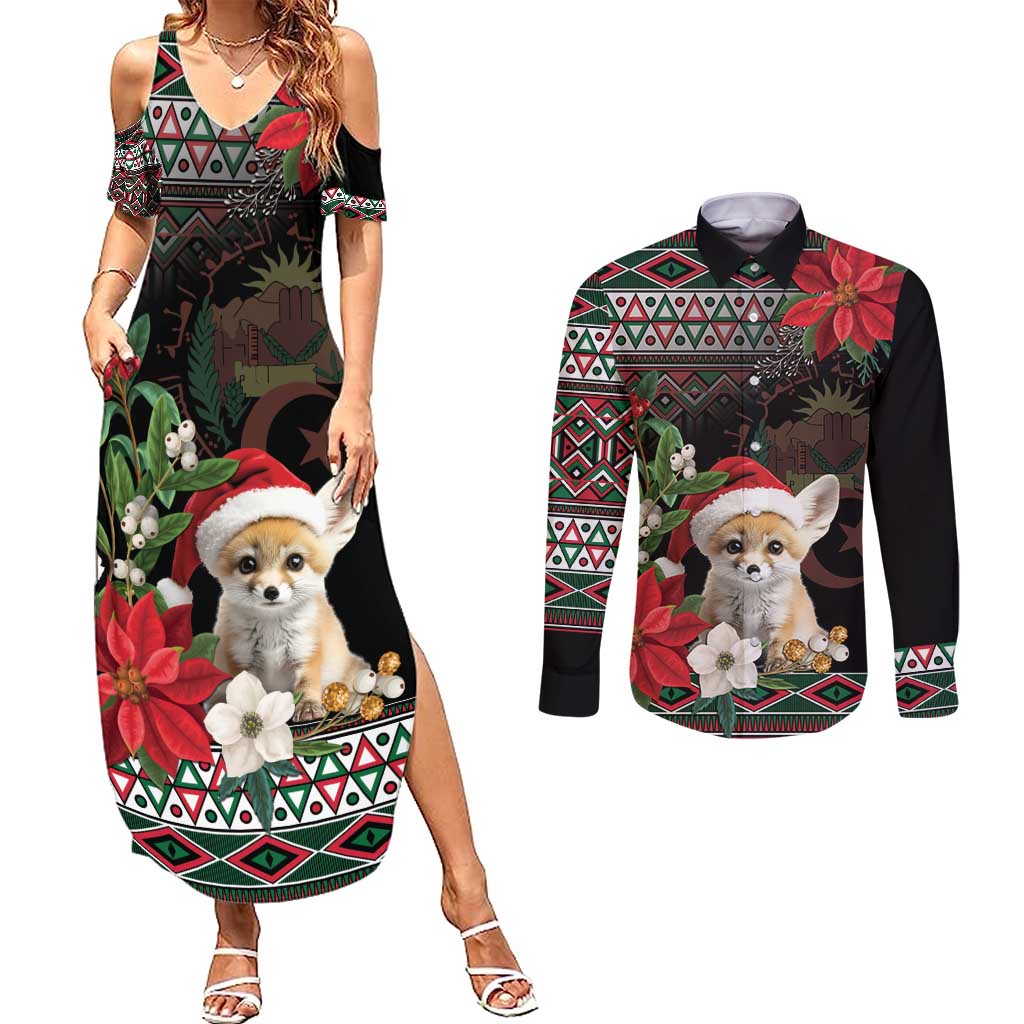 Algeria Christmas Personalized Couples Matching Summer Maxi Dress and Long Sleeve Button Shirt Fennec Fox Santa and Traditional Pattern LT9 - Wonder Print Shop