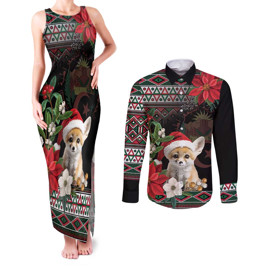 Algeria Christmas Personalized Couples Matching Tank Maxi Dress and Long Sleeve Button Shirt Fennec Fox Santa and Traditional Pattern LT9 - Wonder Print Shop