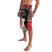 Men's black Christmas tribal swim shorts with fox and poinsettia, side view