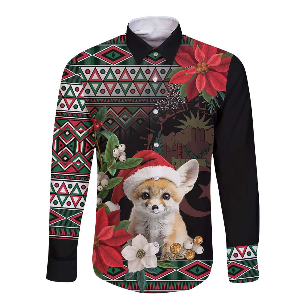 Unisex long-sleeve button shirt, black with colorful geometric and Christmas fennec fox art