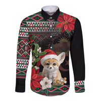 Unisex long-sleeve button shirt, black with colorful geometric and Christmas fennec fox art