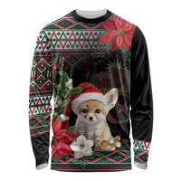 Black long-sleeve shirt with Santa-hat fennec fox and traditional green-red pattern