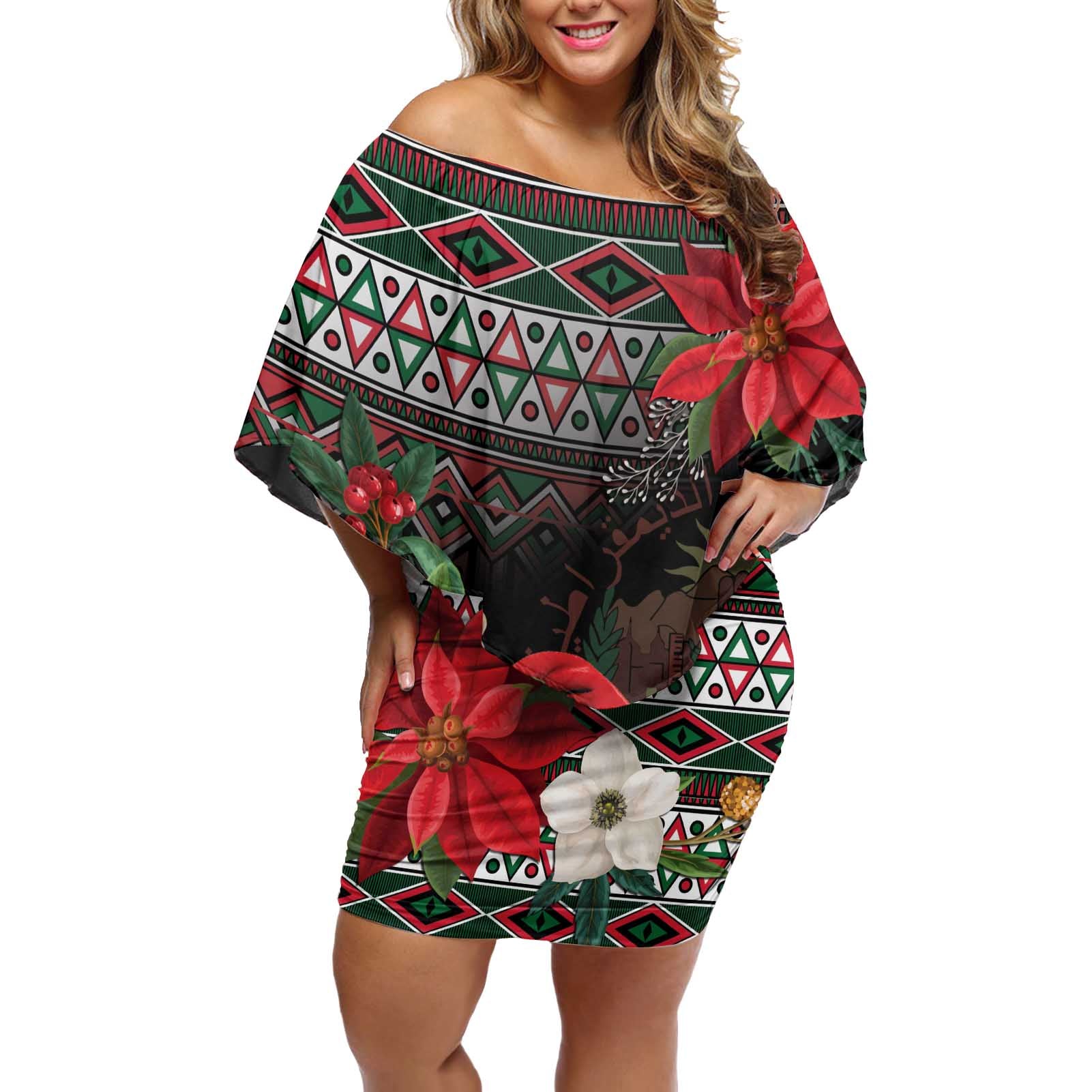 Algeria Christmas Personalized Off Shoulder Short Dress Fennec Fox Santa and Traditional Pattern - Wonder Print Shop