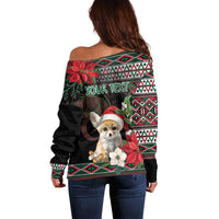 Off-shoulder black Christmas sweater with 'YOUR TEXT', fennec fox, poinsettias