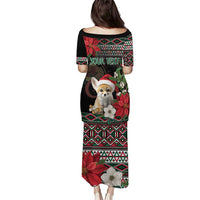 Black long dress, colorful geometric trim, fennec fox Santa back print, 'YOUR TEXT'