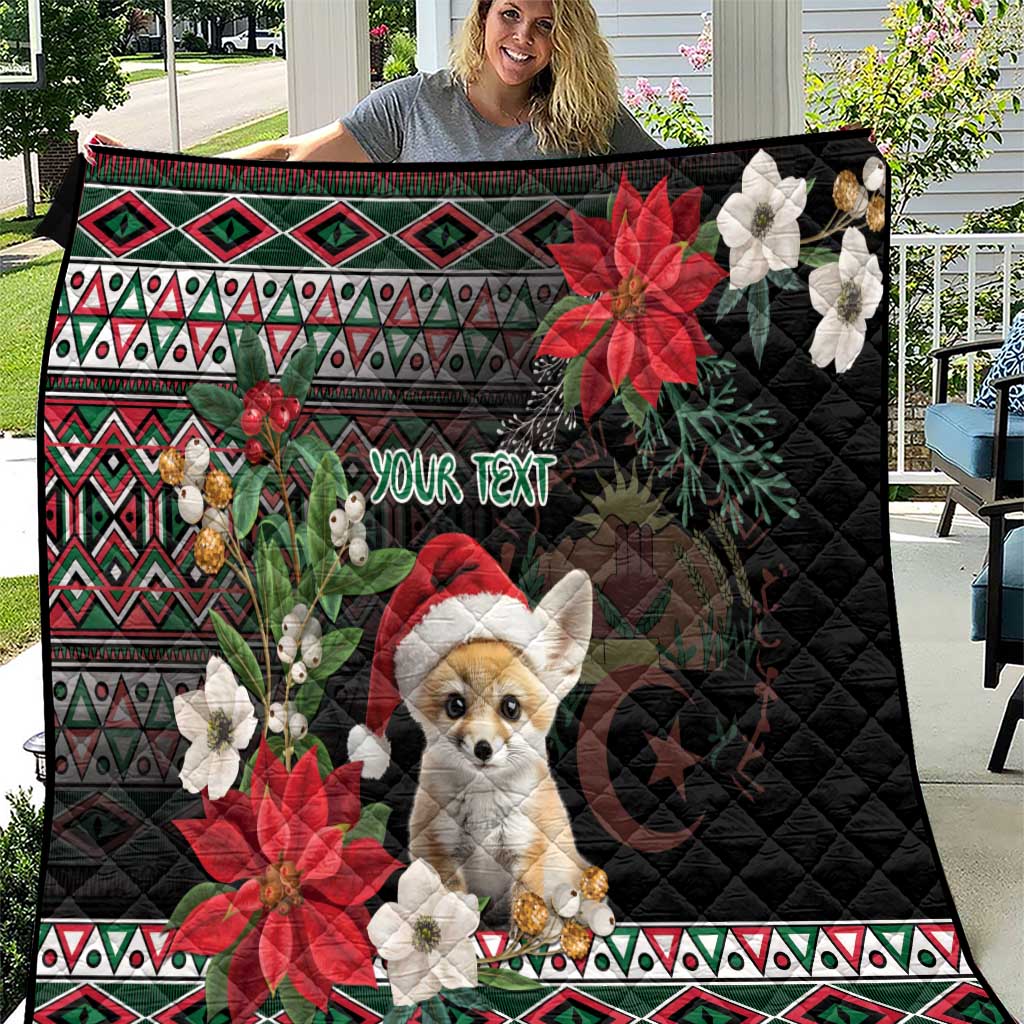 Black personalized quilt blanket with fennec fox, poinsettias, and “YOUR TEXT” center
