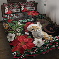 Personalized quilt bed set with fennec fox Santa hat, poinsettias, and 'YOUR TEXT' on quilt