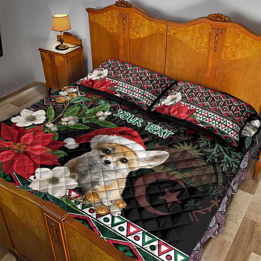 Personalized quilt bed set featuring fennec fox Santa hat, red flowers, and 'YOUR TEXT'