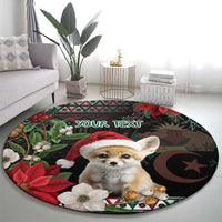 Personalized round carpet with fennec fox Santa hat, star moon, and floral motifs