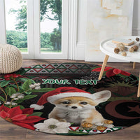 Personalized round carpet showing fennec fox portrait with Santa hat and dark geometric trim