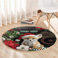 Personalized round carpet with fennec fox Santa hat, flowers, and Your Text banner