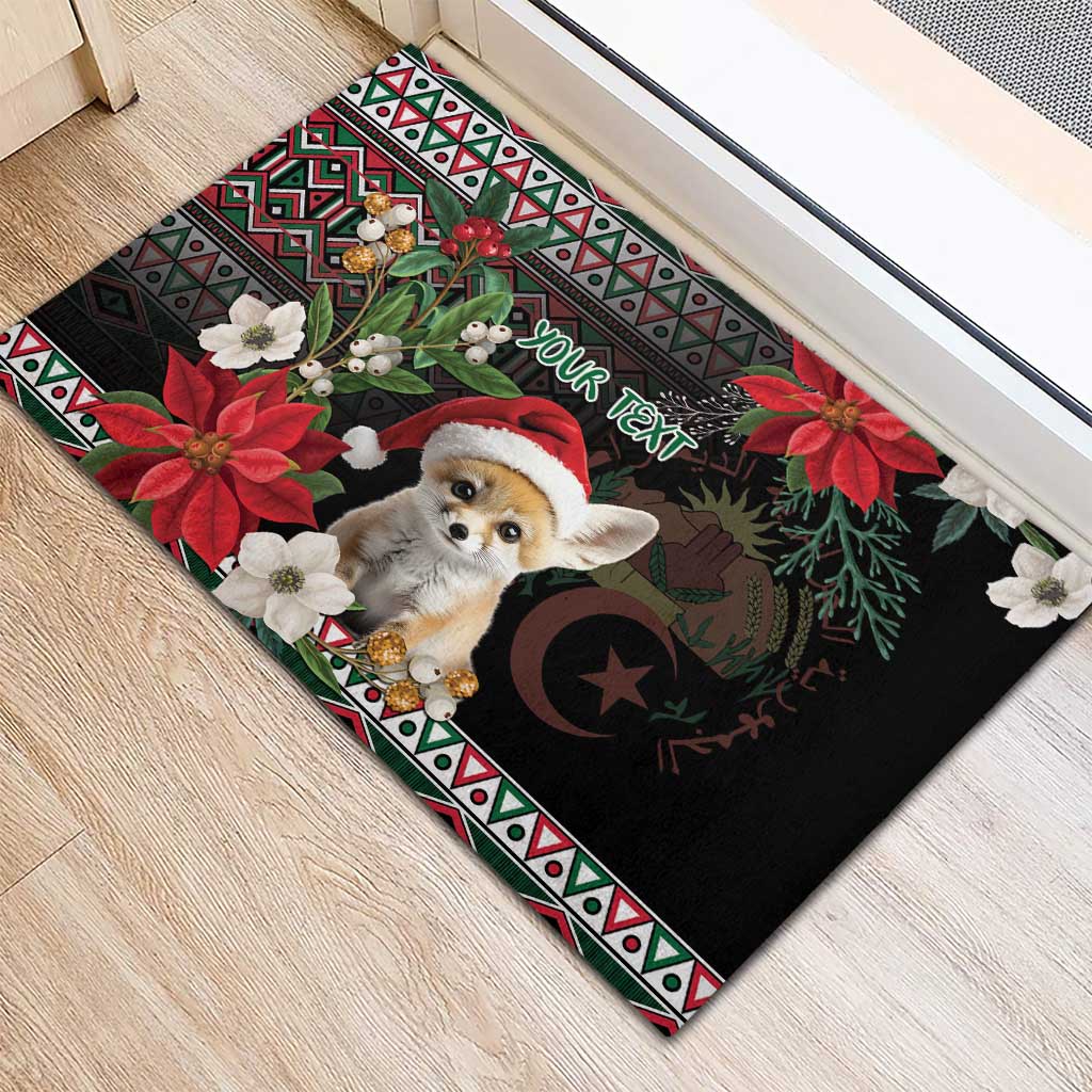 Black Christmas rubber doormat featuring fennec fox Santa, desert moon motif, and poinsettias