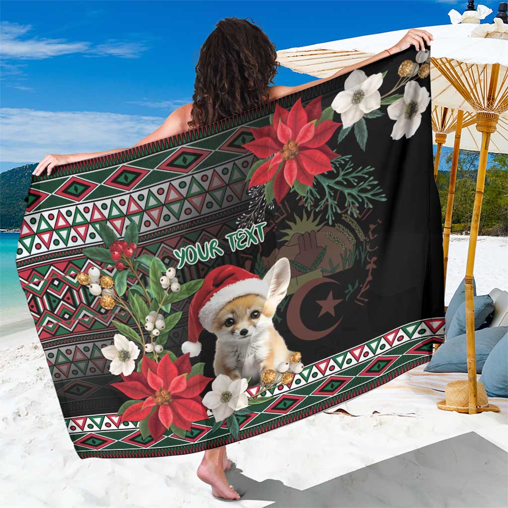 Black sarong with fennec fox center and 'YOUR TEXT' on holiday floral geometric pattern