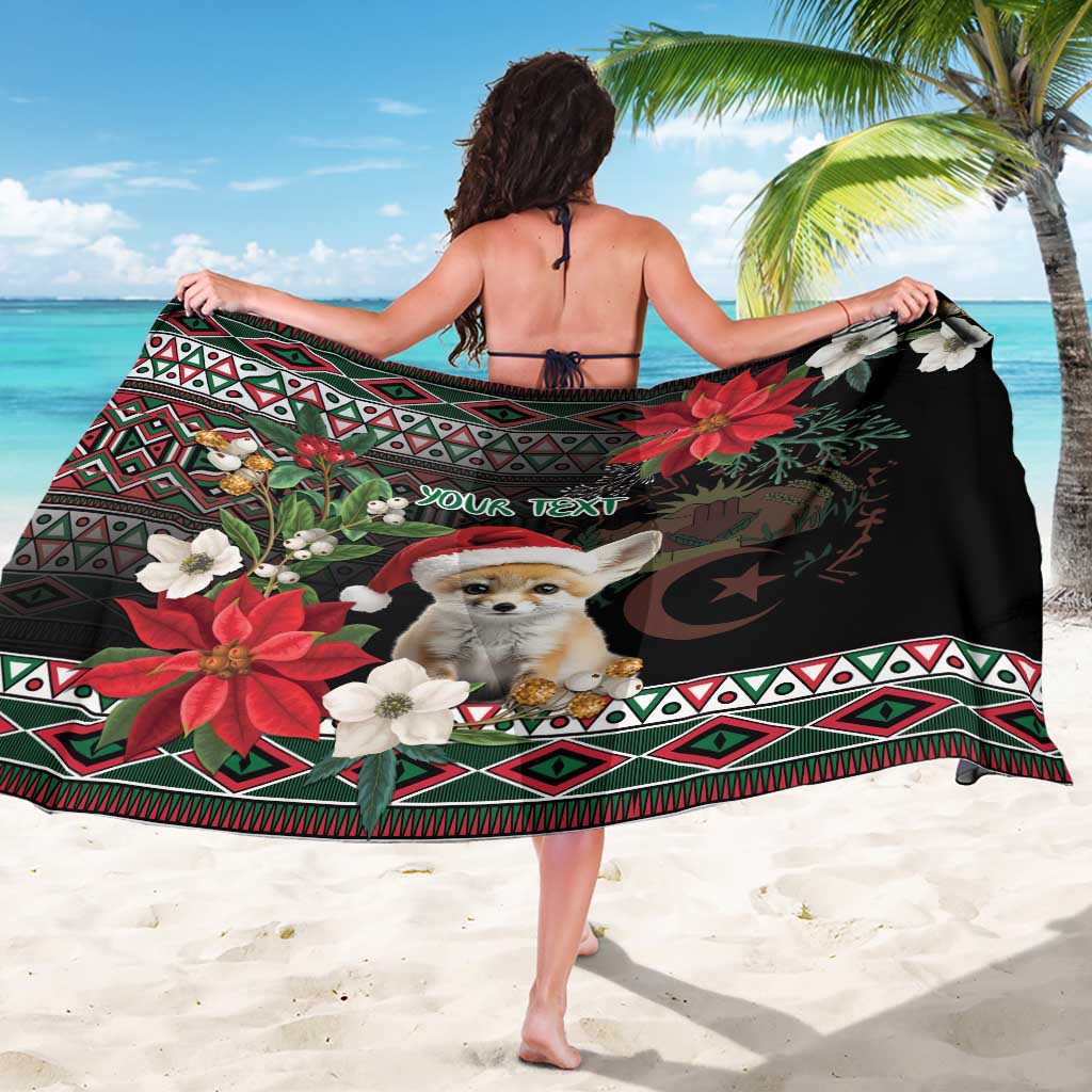 Black sarong wrap with fennec fox portrait, poinsettia flowers, and 'YOUR TEXT' (back)