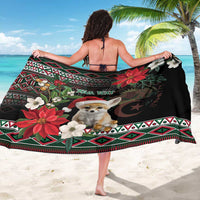 Black sarong wrap with fennec fox portrait, poinsettia flowers, and 'YOUR TEXT' (back)