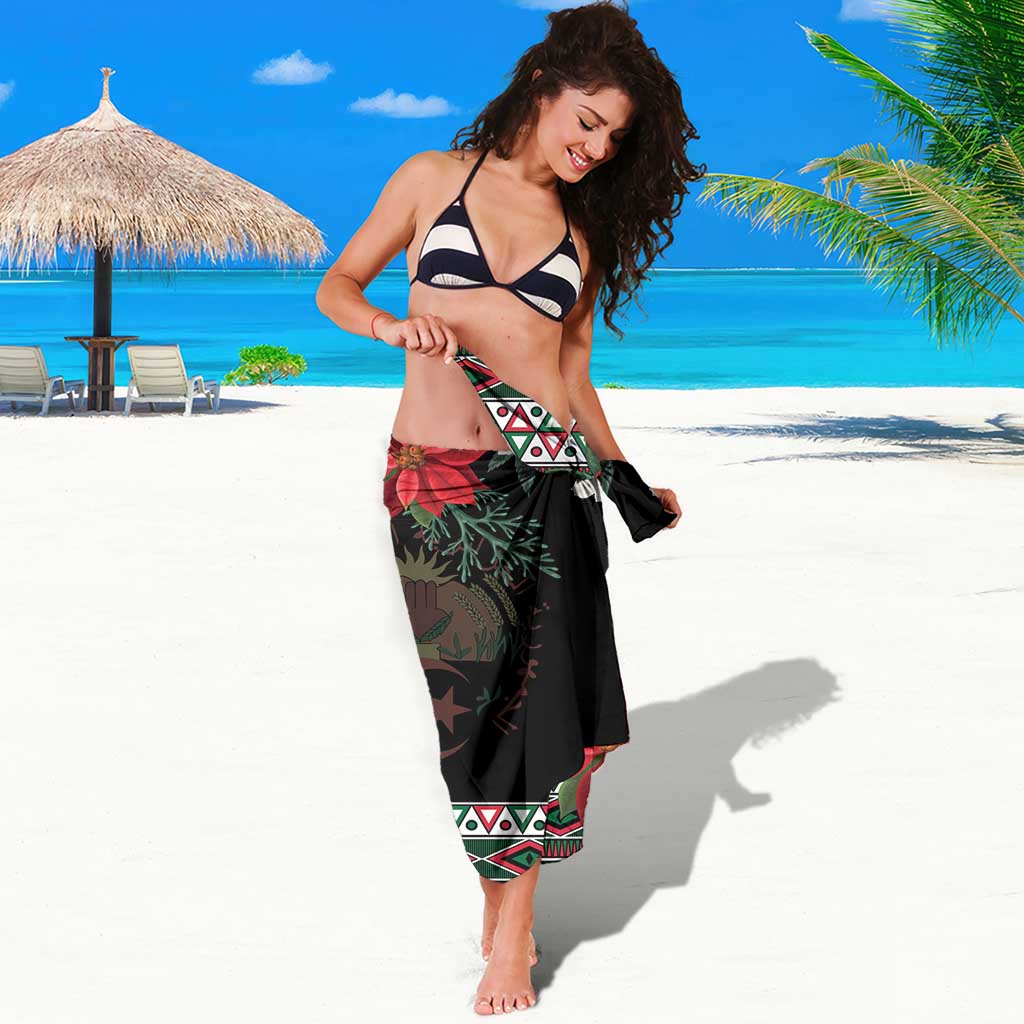 Black personalized sarong with fennec fox, poinsettia flowers, and traditional border