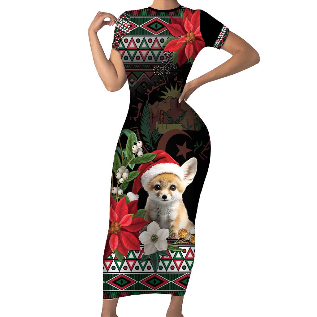 Algeria Christmas Personalized Short Sleeve Bodycon Dress Fennec Fox Santa and Traditional Pattern - Wonder Print Shop