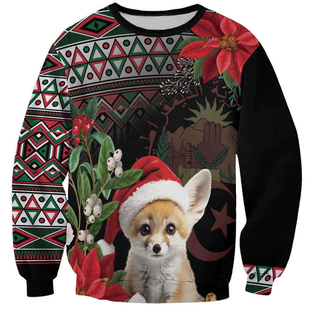 Black sweatshirt with fennec fox in Santa hat and traditional geometric pattern