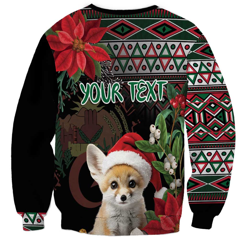 Black sweatshirt with fennec fox Santa hat, poinsettias, geometric trim, and YOUR TEXT print