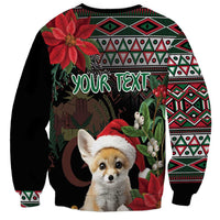 Black sweatshirt with fennec fox Santa hat, poinsettias, geometric trim, and YOUR TEXT print