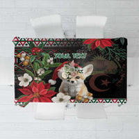Personalized Christmas tablecloth with fennec fox, poinsettias, and a text area on black