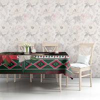 Christmas tablecloth with fennec fox artwork and geometric pattern in black, red, and green