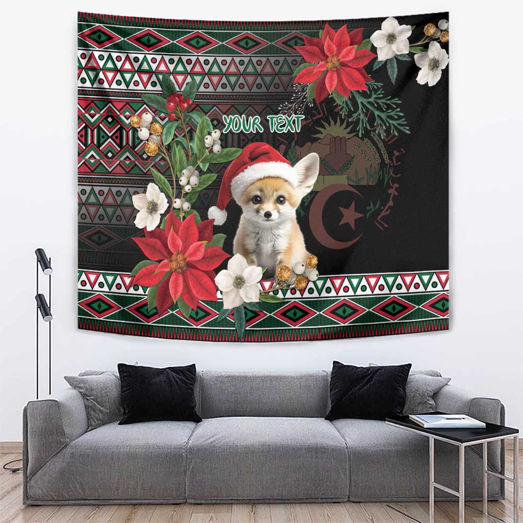 Black Christmas tapestry with fennec fox Santa, poinsettias, and traditional border pattern