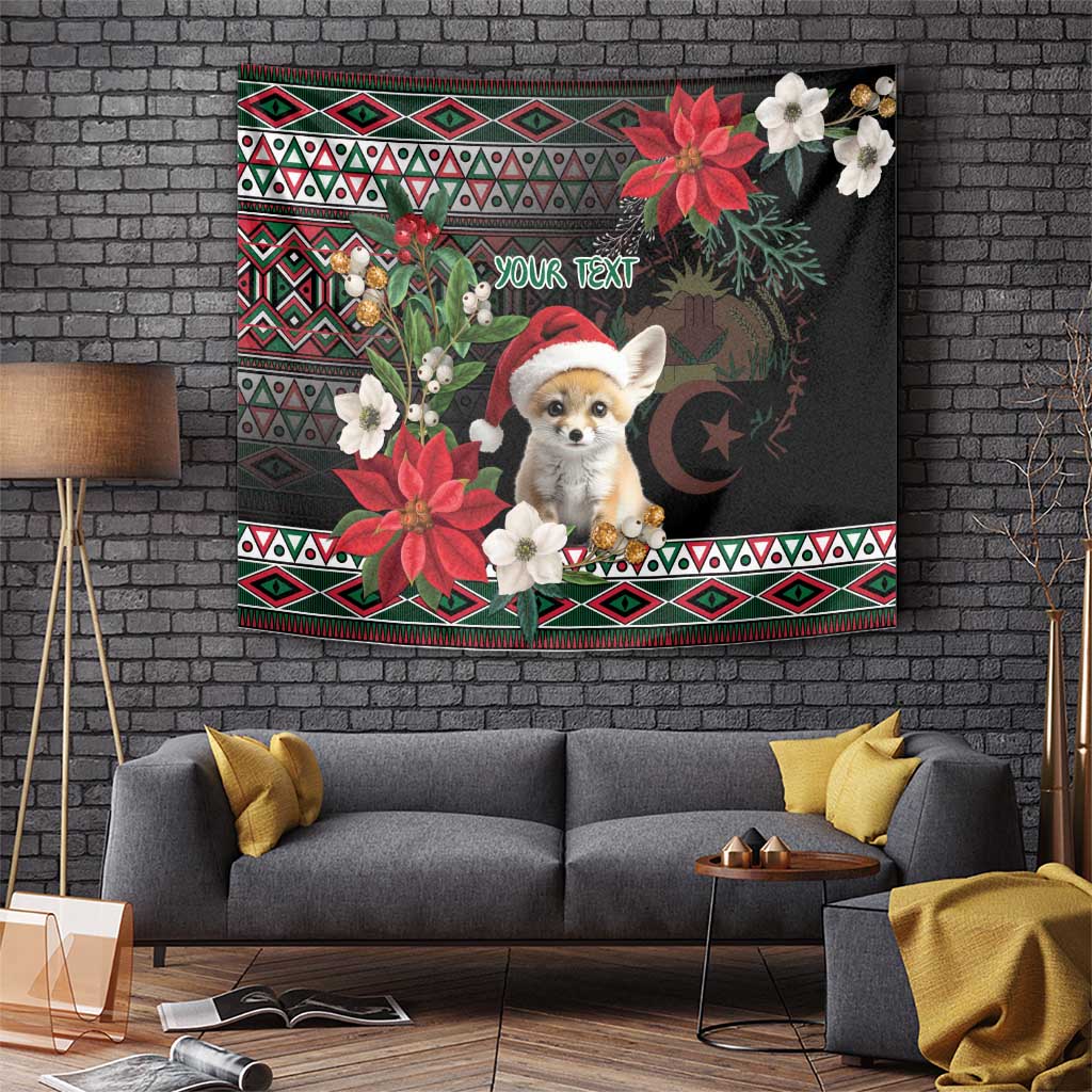 Hanging black Christmas tapestry with fennec fox Santa, poinsettias, and “Your text”