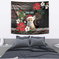 Black Christmas tapestry showing fennec fox Santa, poinsettias, and decorative traditional trim