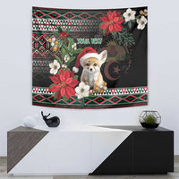Black Christmas tapestry with fennec fox Santa, “Your text,” poinsettias, and geometric border